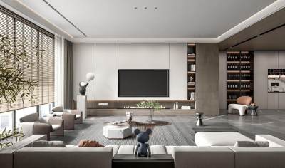 现代客厅 沙发茶几组合 酒柜 休闲椅 雕塑摆件 电视机背景墙